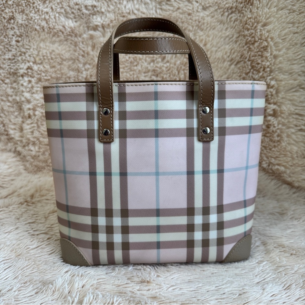 Burberry Plaid Nova Check Small Tote Handbag - Taupe and Candy Pink - Silver HW - Picture 2 of 15